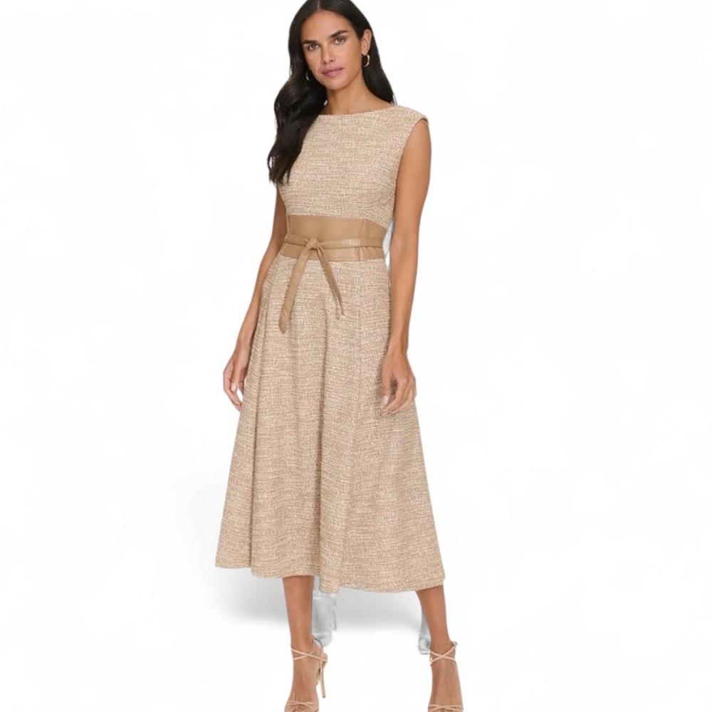Calvin Klein Tan & White Tweed Self Tie Midi Dress Size 6 New W/ Tag-Retail $139
